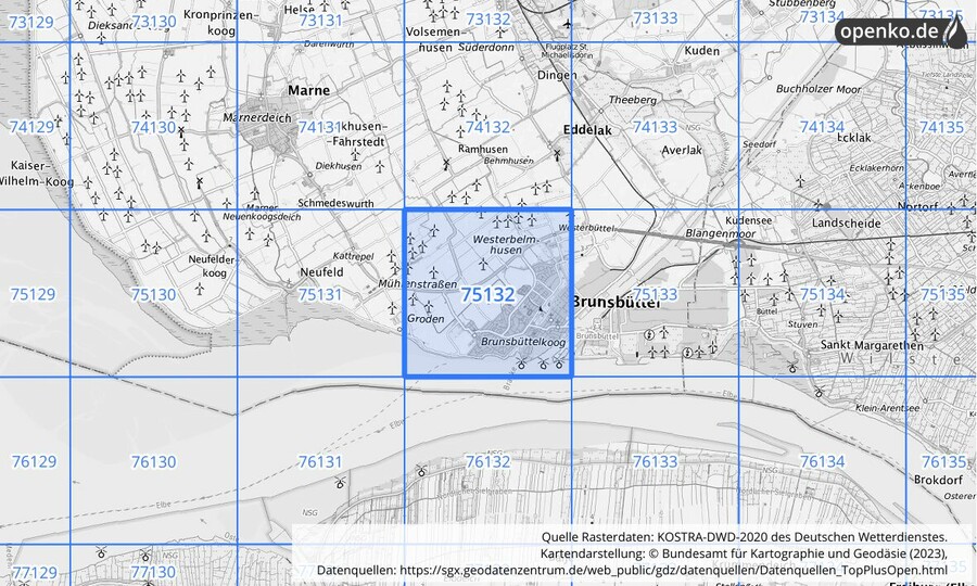 Übersichtskarte des KOSTRA-DWD-2020-Rasterfeldes Nr. 75132