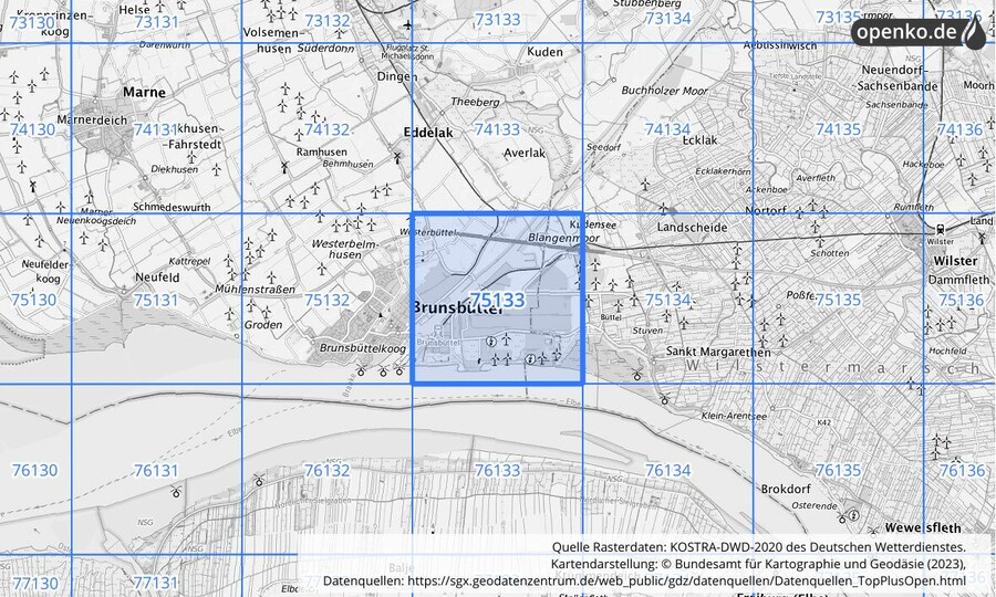 Übersichtskarte des KOSTRA-DWD-2020-Rasterfeldes Nr. 75133