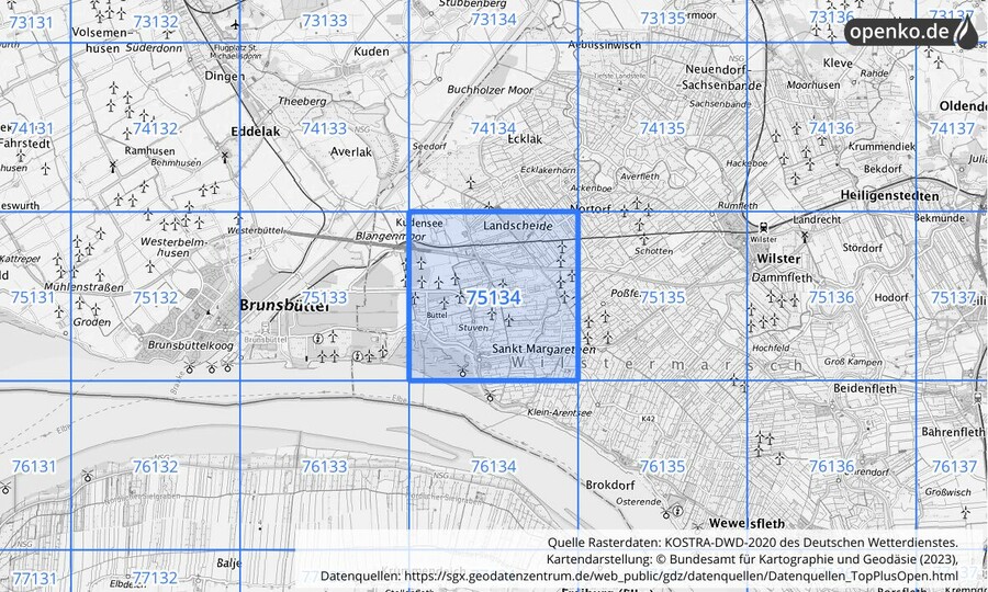 Übersichtskarte des KOSTRA-DWD-2020-Rasterfeldes Nr. 75134