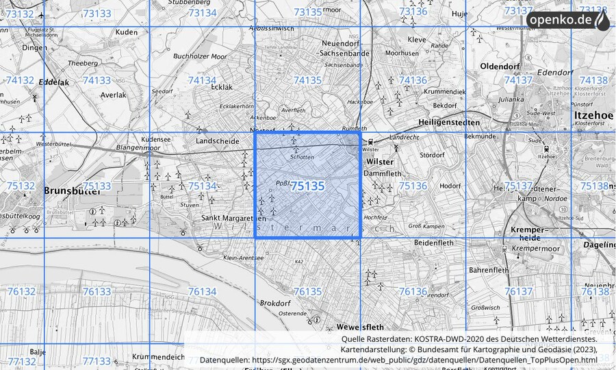 Übersichtskarte des KOSTRA-DWD-2020-Rasterfeldes Nr. 75135