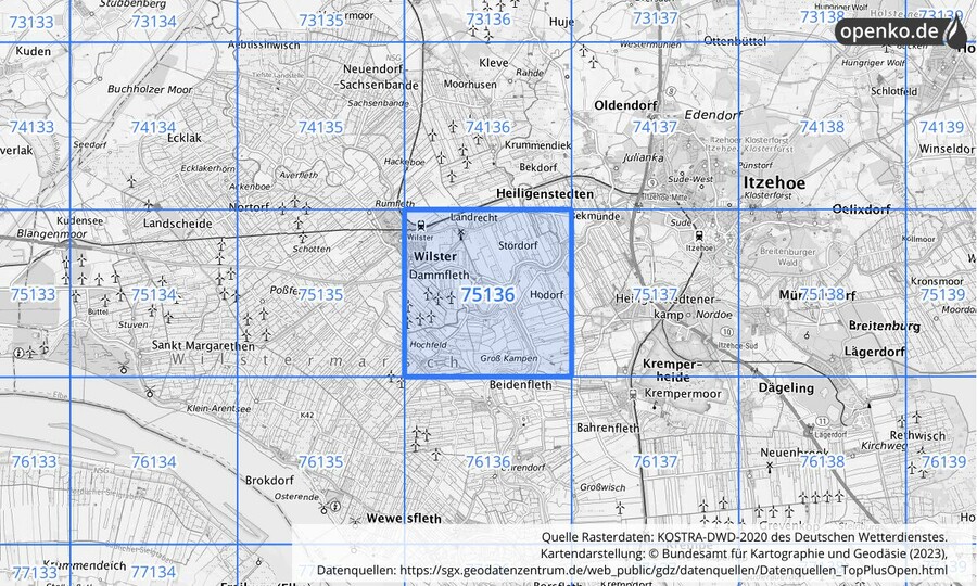 Übersichtskarte des KOSTRA-DWD-2020-Rasterfeldes Nr. 75136