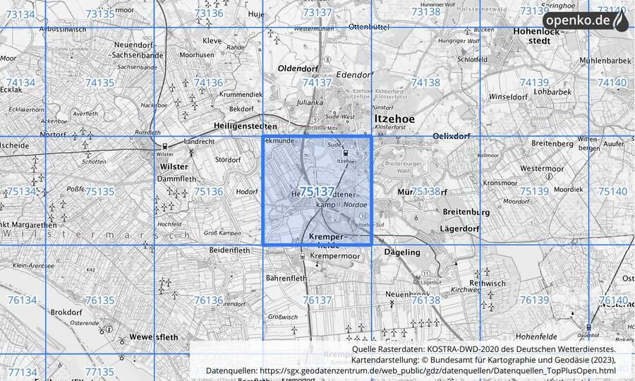 Übersichtskarte des KOSTRA-DWD-2020-Rasterfeldes Nr. 75137