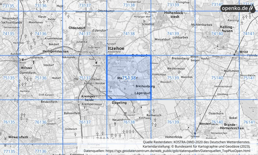 Übersichtskarte des KOSTRA-DWD-2020-Rasterfeldes Nr. 75138