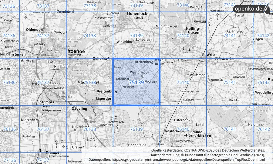 Übersichtskarte des KOSTRA-DWD-2020-Rasterfeldes Nr. 75139