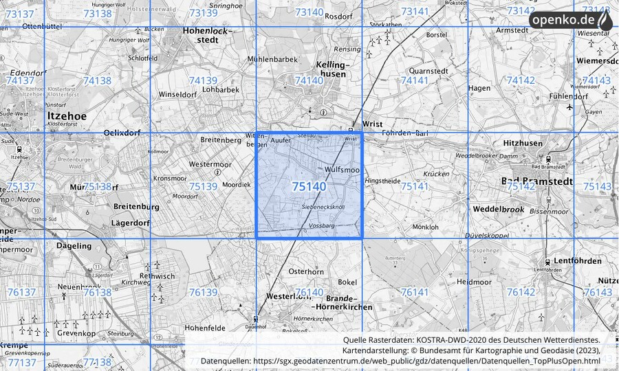 Übersichtskarte des KOSTRA-DWD-2020-Rasterfeldes Nr. 75140