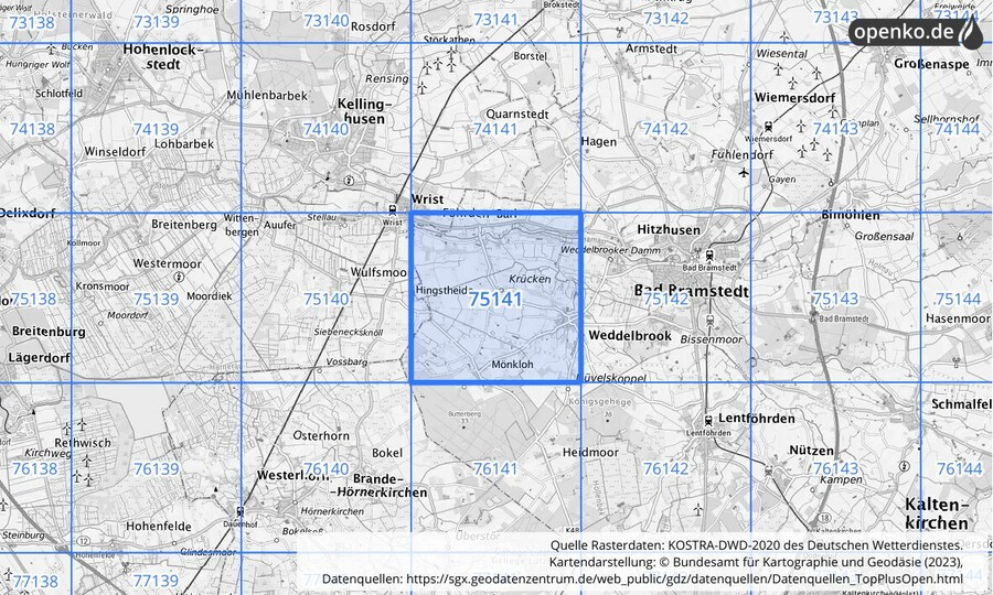 Übersichtskarte des KOSTRA-DWD-2020-Rasterfeldes Nr. 75141