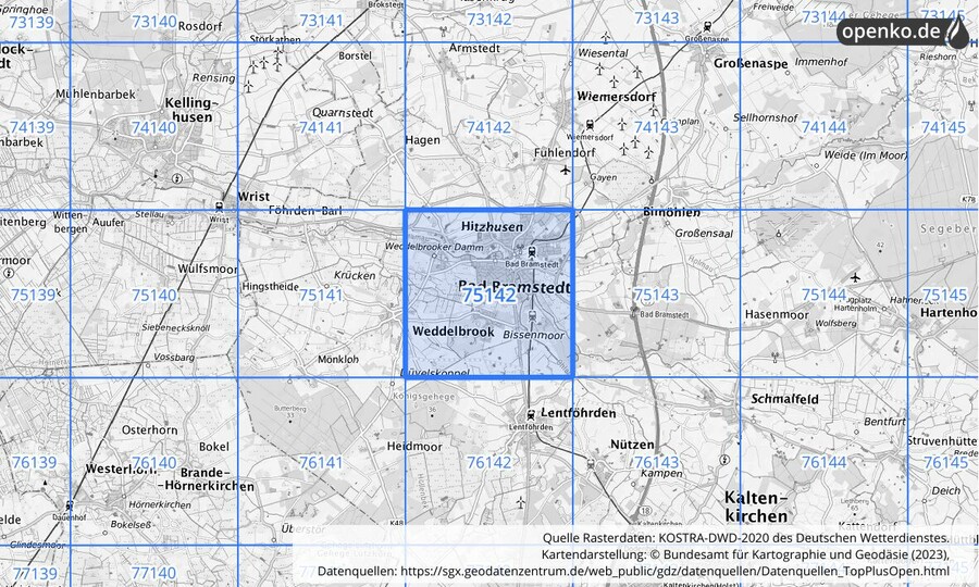 Übersichtskarte des KOSTRA-DWD-2020-Rasterfeldes Nr. 75142