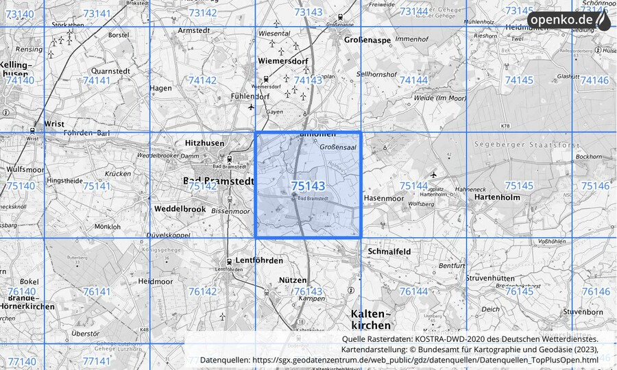 Übersichtskarte des KOSTRA-DWD-2020-Rasterfeldes Nr. 75143