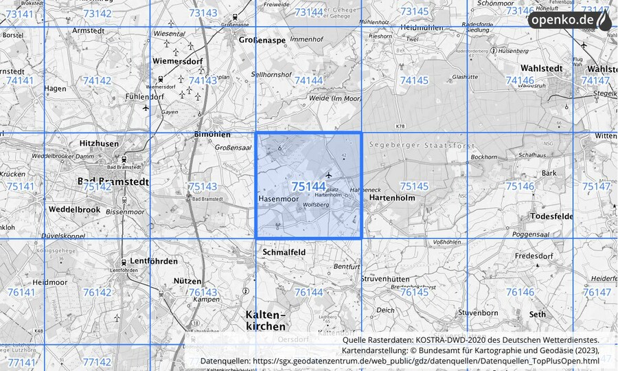 Übersichtskarte des KOSTRA-DWD-2020-Rasterfeldes Nr. 75144