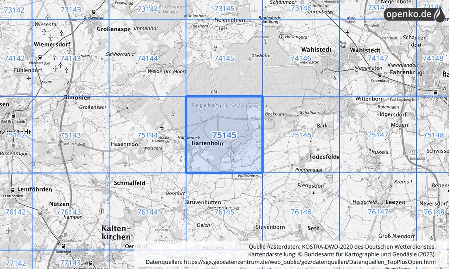 Übersichtskarte des KOSTRA-DWD-2020-Rasterfeldes Nr. 75145