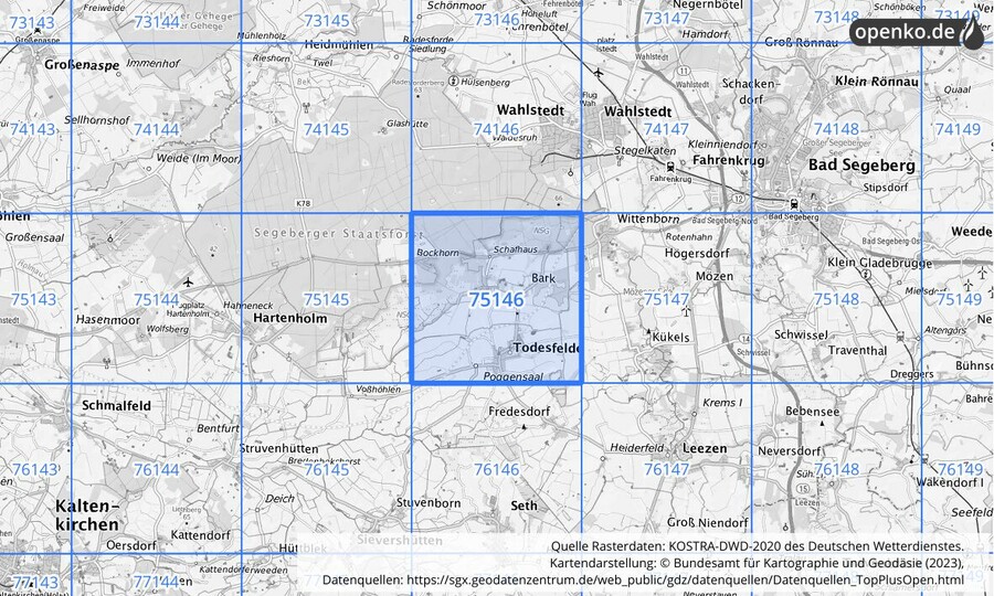 Übersichtskarte des KOSTRA-DWD-2020-Rasterfeldes Nr. 75146