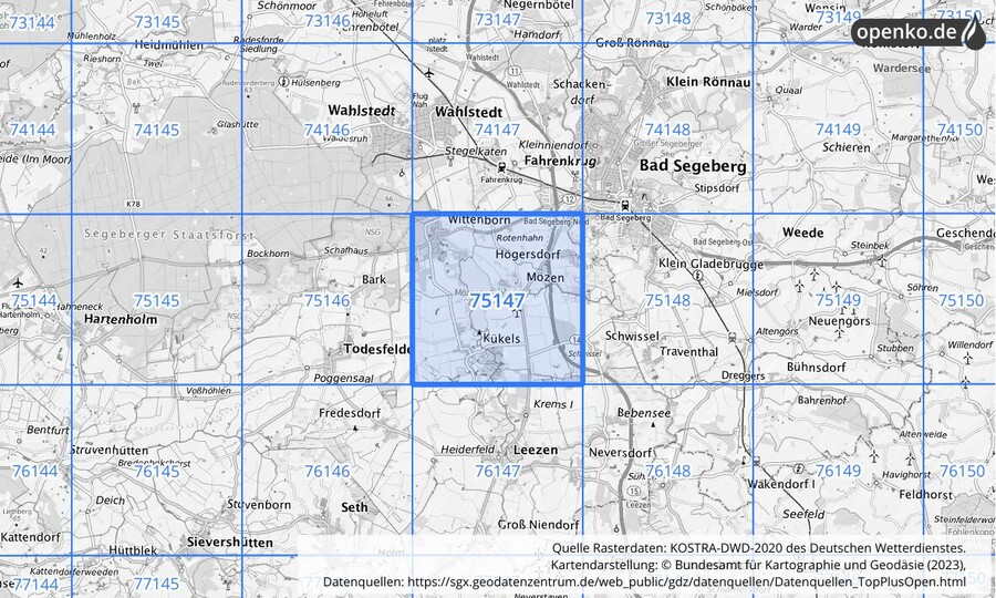 Übersichtskarte des KOSTRA-DWD-2020-Rasterfeldes Nr. 75147