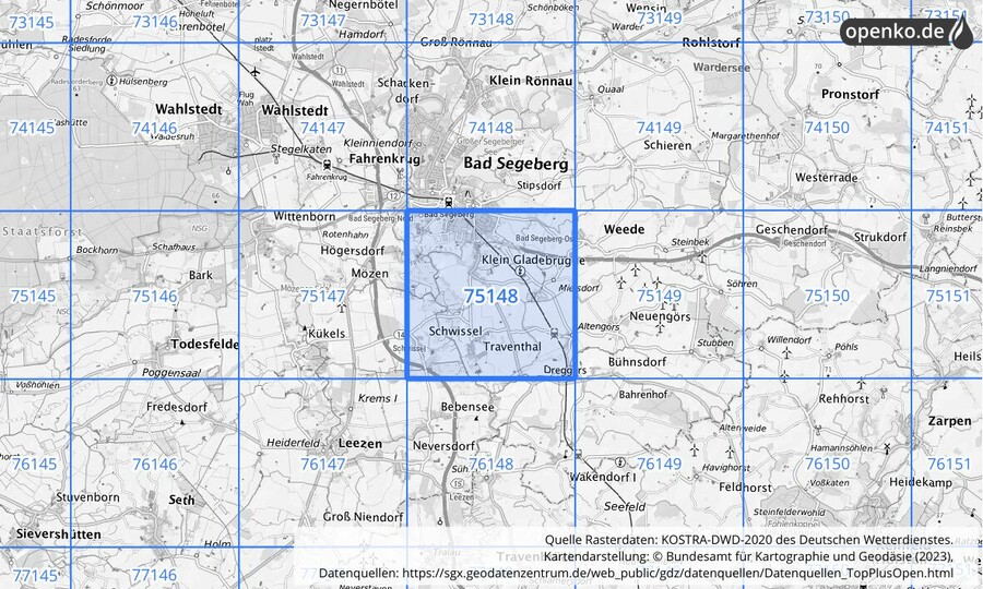 Übersichtskarte des KOSTRA-DWD-2020-Rasterfeldes Nr. 75148