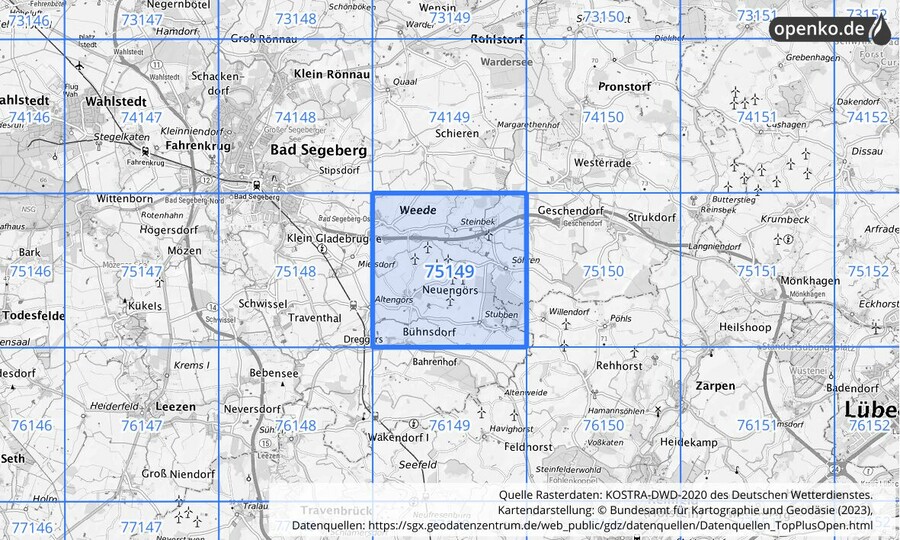 Übersichtskarte des KOSTRA-DWD-2020-Rasterfeldes Nr. 75149