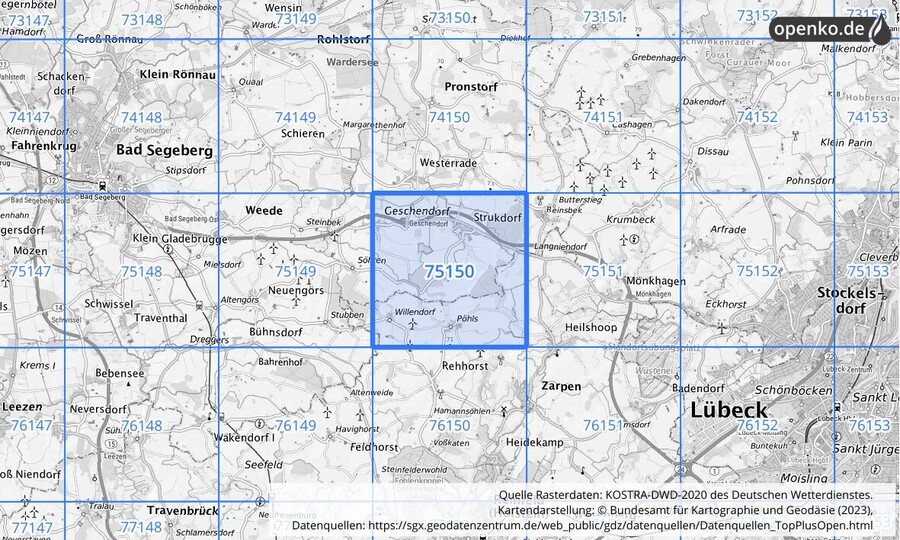 Übersichtskarte des KOSTRA-DWD-2020-Rasterfeldes Nr. 75150