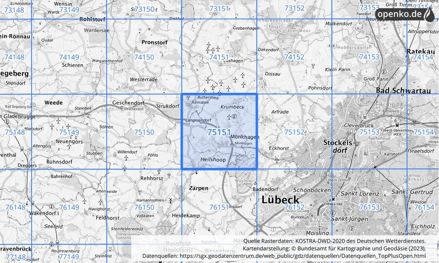 Übersichtskarte des KOSTRA-DWD-2020-Rasterfeldes Nr. 75151