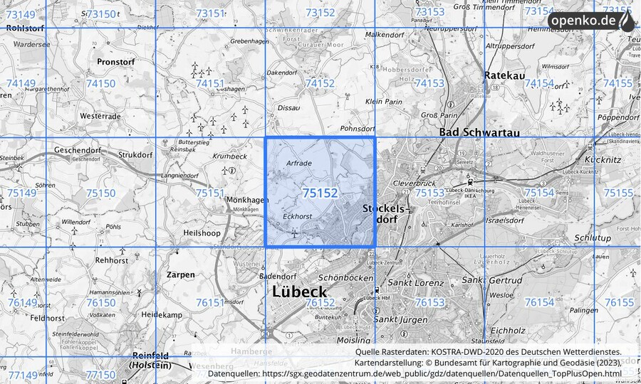 Übersichtskarte des KOSTRA-DWD-2020-Rasterfeldes Nr. 75152