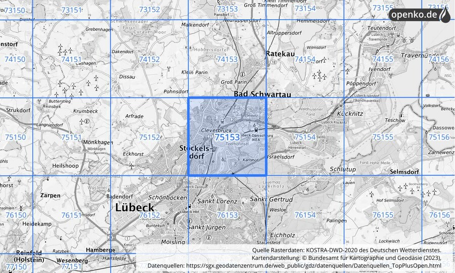 Übersichtskarte des KOSTRA-DWD-2020-Rasterfeldes Nr. 75153