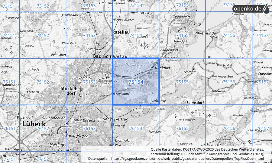 Übersichtskarte des KOSTRA-DWD-2020-Rasterfeldes Nr. 75154