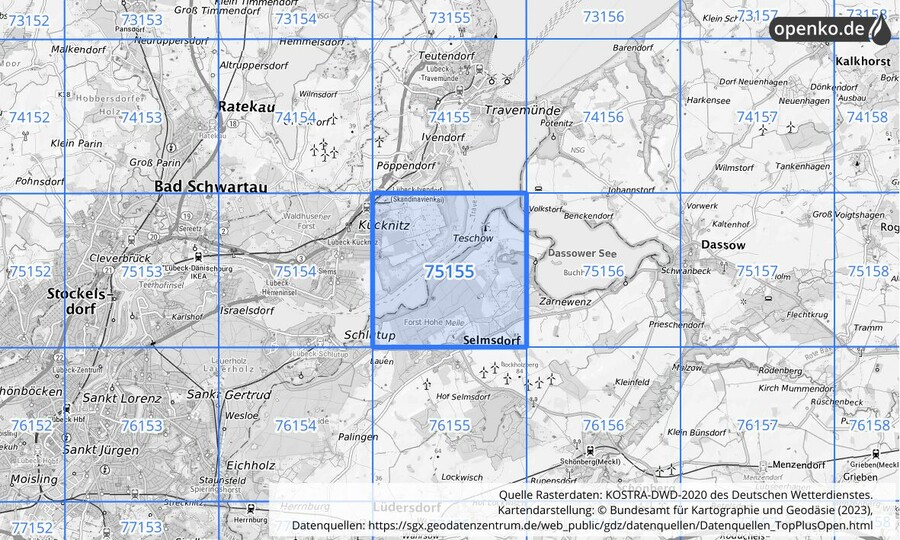 Übersichtskarte des KOSTRA-DWD-2020-Rasterfeldes Nr. 75155