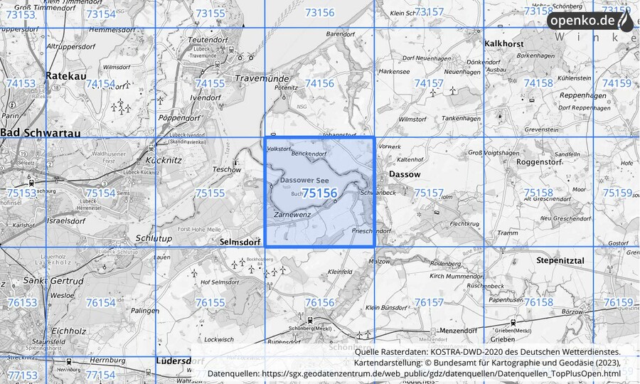 Übersichtskarte des KOSTRA-DWD-2020-Rasterfeldes Nr. 75156