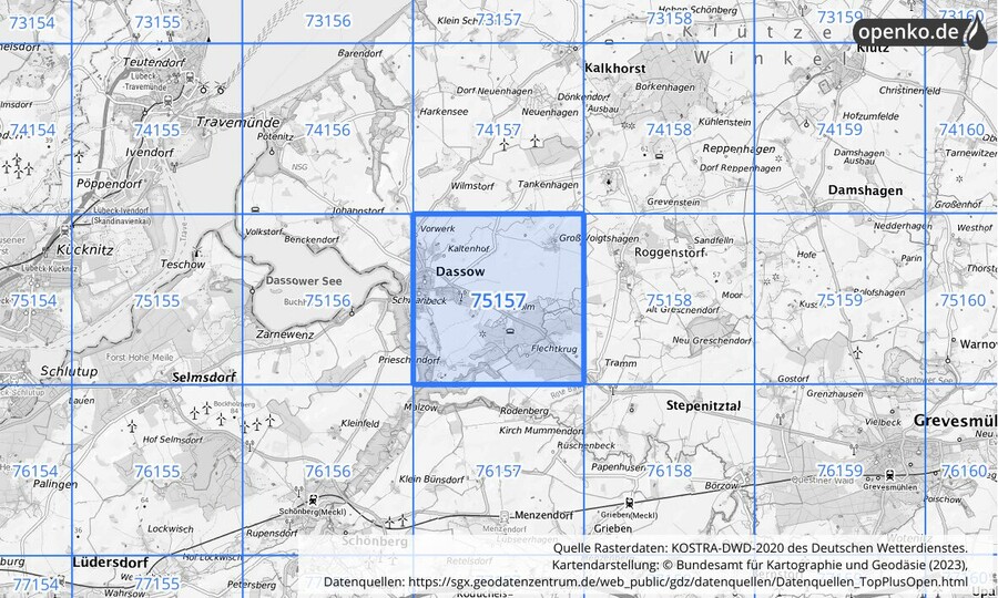 Übersichtskarte des KOSTRA-DWD-2020-Rasterfeldes Nr. 75157