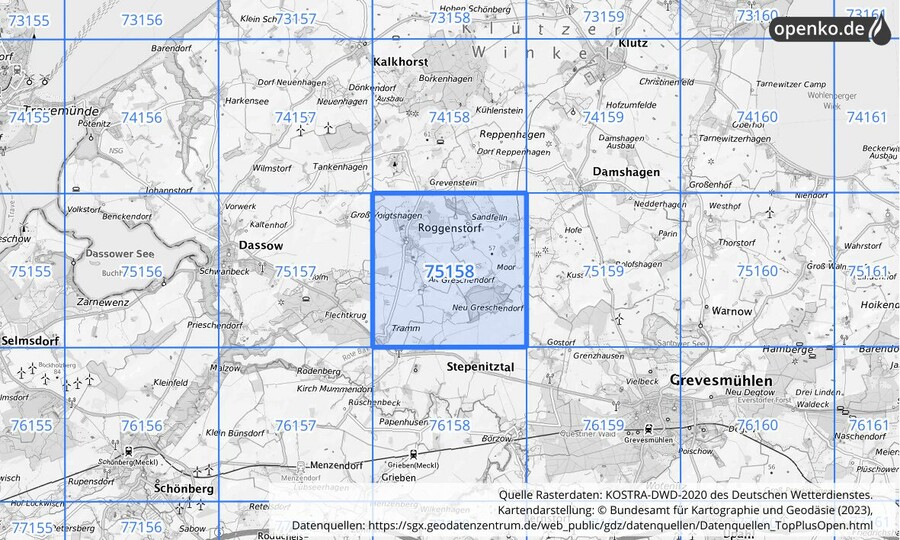 Übersichtskarte des KOSTRA-DWD-2020-Rasterfeldes Nr. 75158