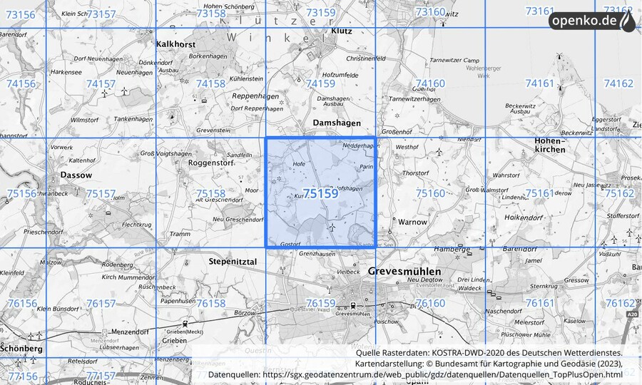 Übersichtskarte des KOSTRA-DWD-2020-Rasterfeldes Nr. 75159