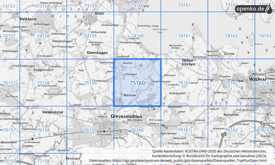 Übersichtskarte des KOSTRA-DWD-2020-Rasterfeldes Nr. 75160