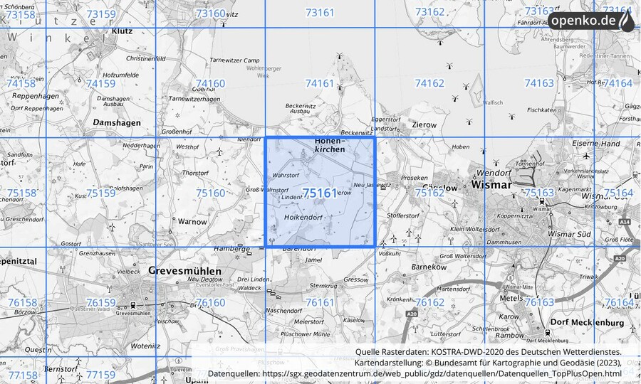 Übersichtskarte des KOSTRA-DWD-2020-Rasterfeldes Nr. 75161