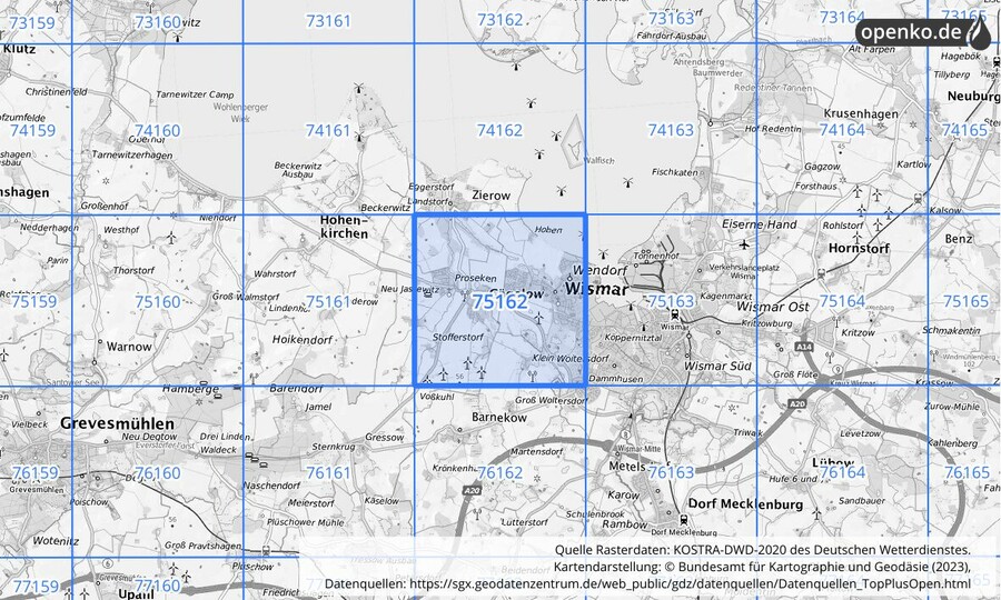 Übersichtskarte des KOSTRA-DWD-2020-Rasterfeldes Nr. 75162
