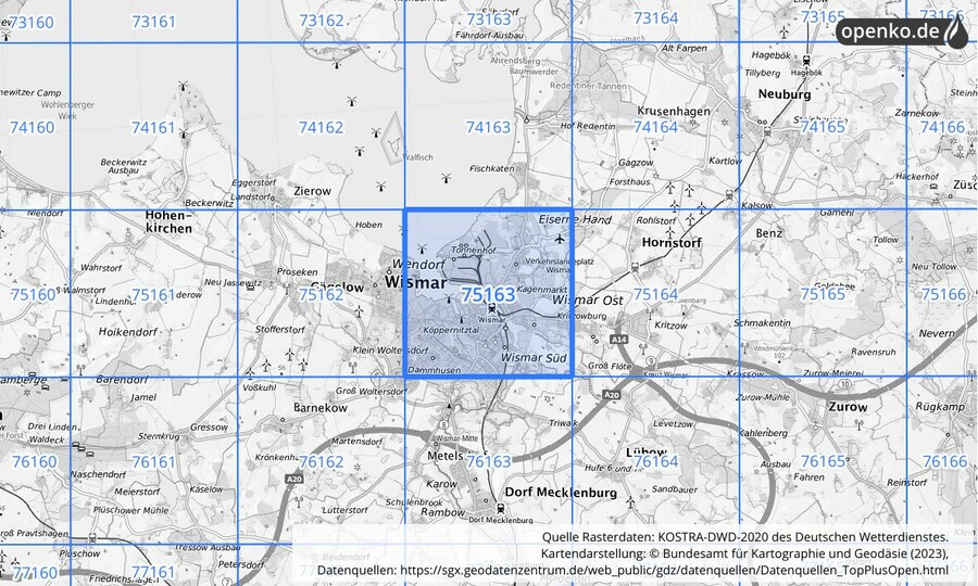 Übersichtskarte des KOSTRA-DWD-2020-Rasterfeldes Nr. 75163