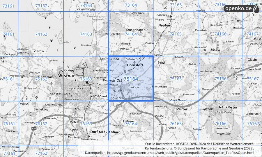 Übersichtskarte des KOSTRA-DWD-2020-Rasterfeldes Nr. 75164