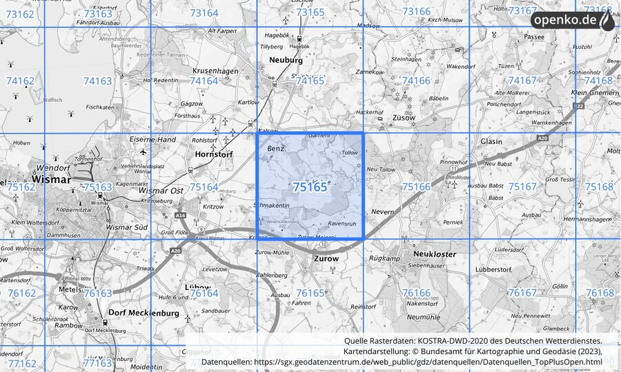 Übersichtskarte des KOSTRA-DWD-2020-Rasterfeldes Nr. 75165