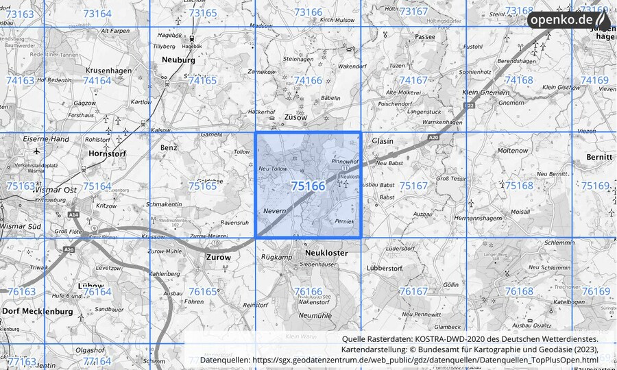 Übersichtskarte des KOSTRA-DWD-2020-Rasterfeldes Nr. 75166