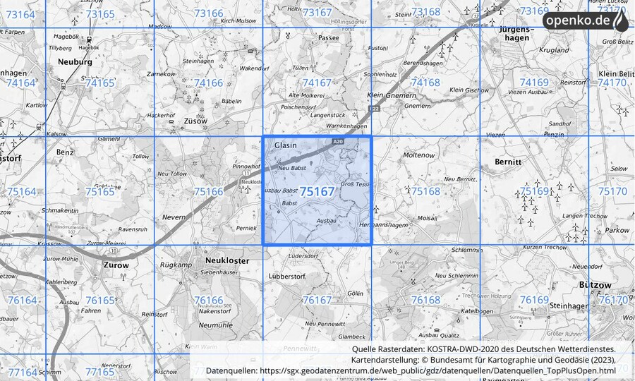 Übersichtskarte des KOSTRA-DWD-2020-Rasterfeldes Nr. 75167