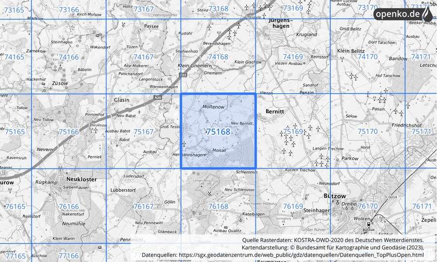 Übersichtskarte des KOSTRA-DWD-2020-Rasterfeldes Nr. 75168