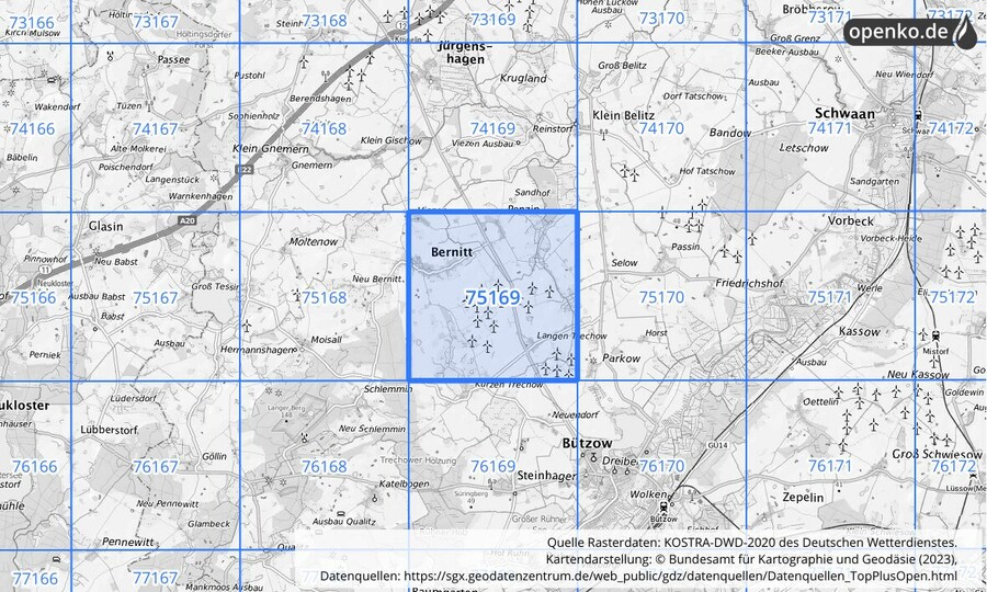 Übersichtskarte des KOSTRA-DWD-2020-Rasterfeldes Nr. 75169
