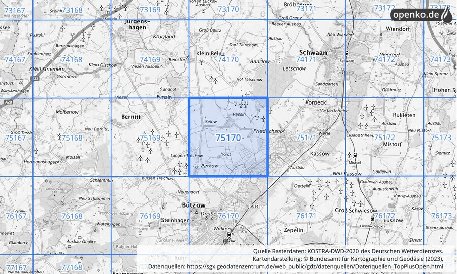 Übersichtskarte des KOSTRA-DWD-2020-Rasterfeldes Nr. 75170