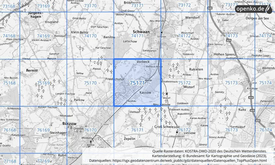 Übersichtskarte des KOSTRA-DWD-2020-Rasterfeldes Nr. 75171