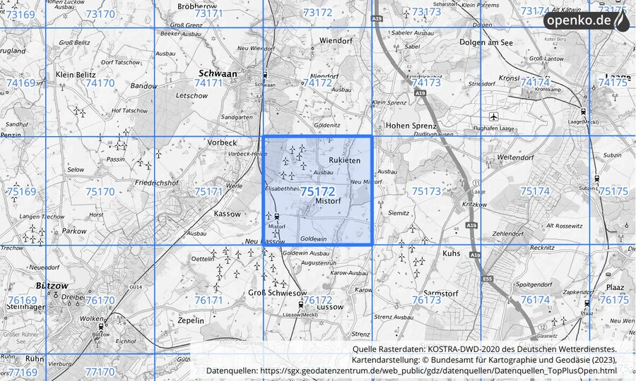 Übersichtskarte des KOSTRA-DWD-2020-Rasterfeldes Nr. 75172