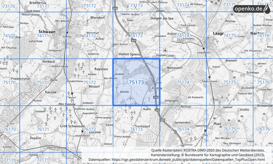 Übersichtskarte des KOSTRA-DWD-2020-Rasterfeldes Nr. 75173