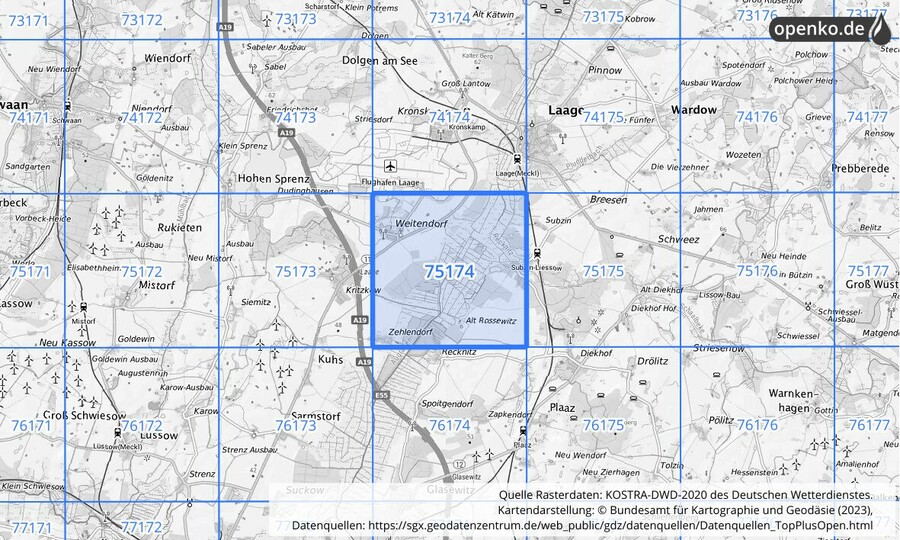 Übersichtskarte des KOSTRA-DWD-2020-Rasterfeldes Nr. 75174