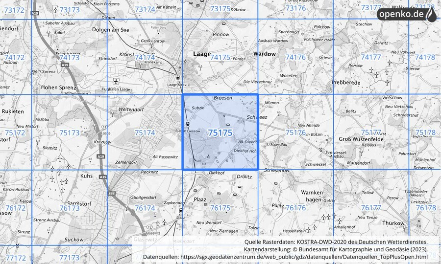 Übersichtskarte des KOSTRA-DWD-2020-Rasterfeldes Nr. 75175