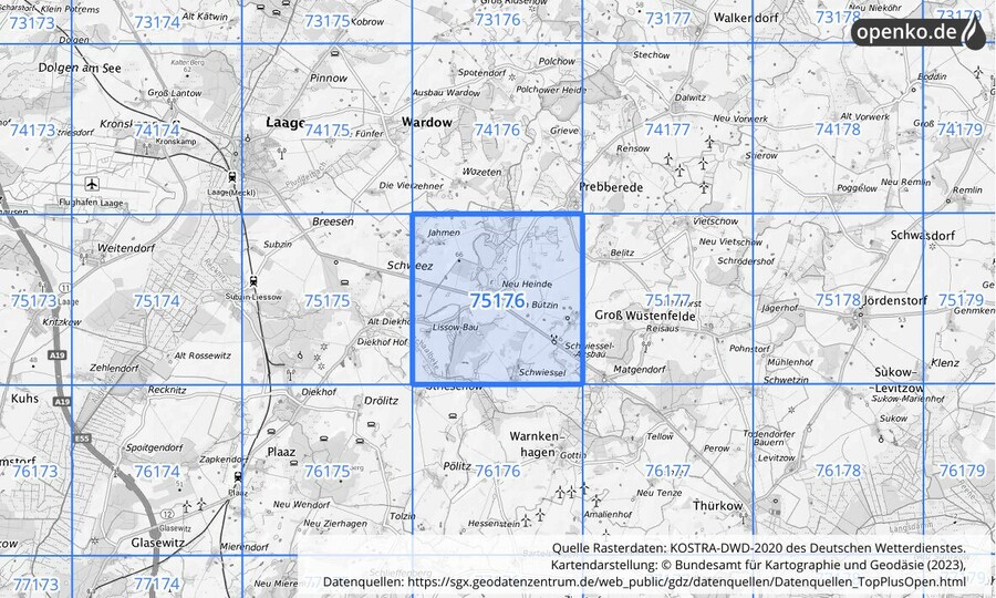 Übersichtskarte des KOSTRA-DWD-2020-Rasterfeldes Nr. 75176