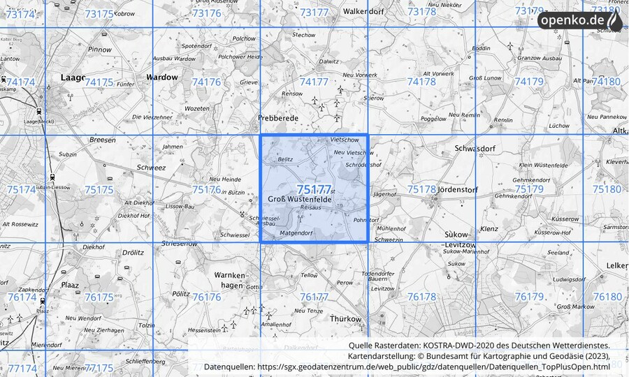 Übersichtskarte des KOSTRA-DWD-2020-Rasterfeldes Nr. 75177