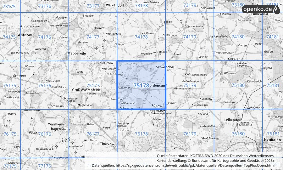 Übersichtskarte des KOSTRA-DWD-2020-Rasterfeldes Nr. 75178