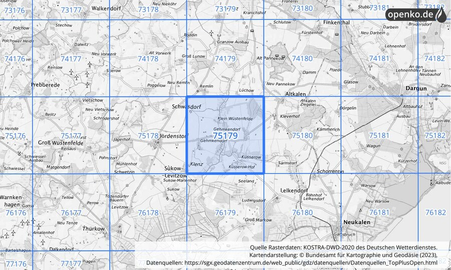 Übersichtskarte des KOSTRA-DWD-2020-Rasterfeldes Nr. 75179