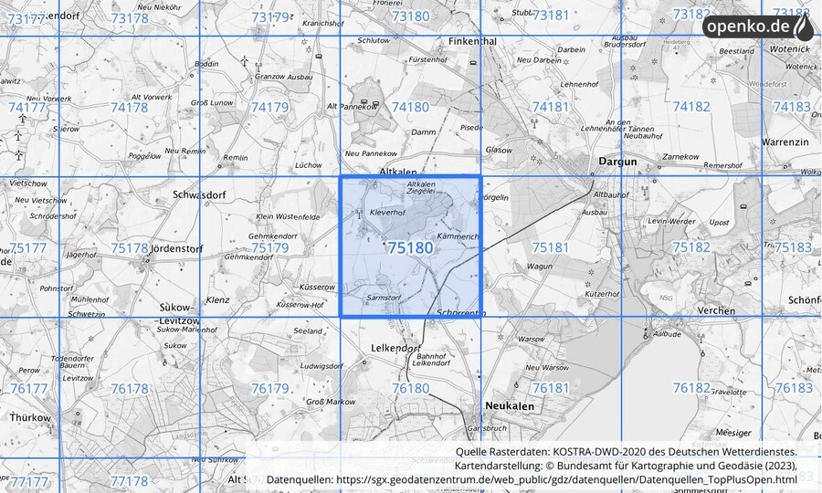 Übersichtskarte des KOSTRA-DWD-2020-Rasterfeldes Nr. 75180