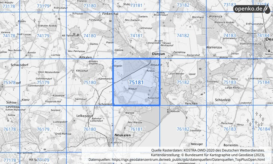 Übersichtskarte des KOSTRA-DWD-2020-Rasterfeldes Nr. 75181